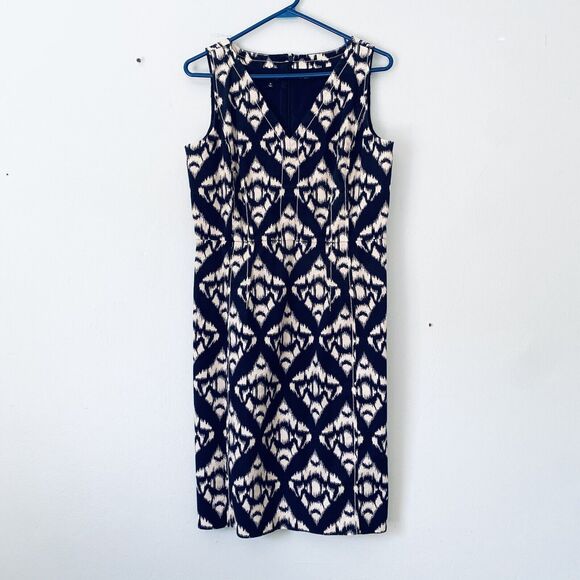 Talbots Dress 10 Navy Blue Ikat Prink Sleeveless Sheath Business Career Wedding - Picture 2 of 9